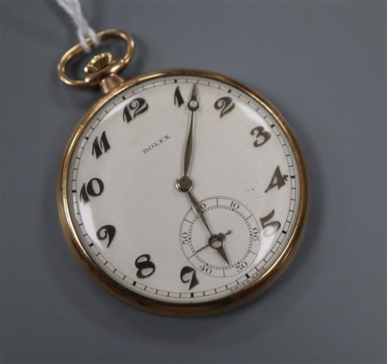 A 1930s 9ct Rolex dress pocket watch, with Arabic dial and subsidiary seconds, case numbered 1003752 1626, gross weight 39.6 grams.